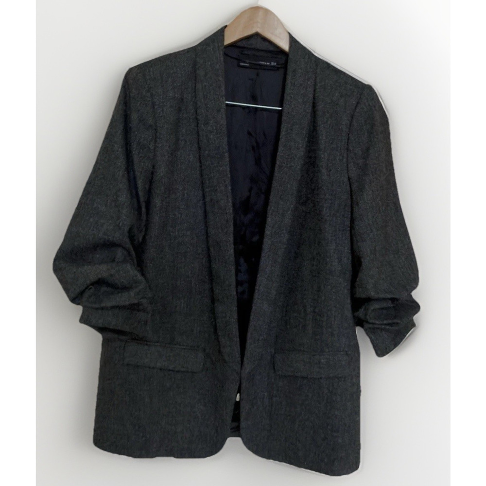 Zara Woman XL Gray Herringbone Ruched Sleeves Blazer Preppy Staple Classic $119 - Picture 12 of 13